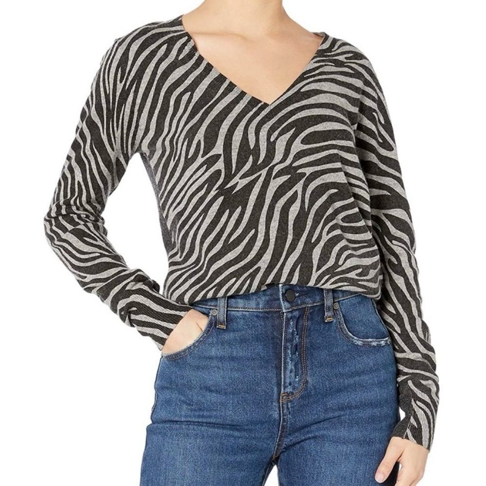 Bailey 44 Cashmere Blend Zebra Print V-Neck Sweater Designer Luxury Knit Size S